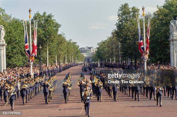 Central Band of the Royal Air Force on the Mall during a fly-past and parade commemorating the 50th anniversary of the Battle of Britain, at...