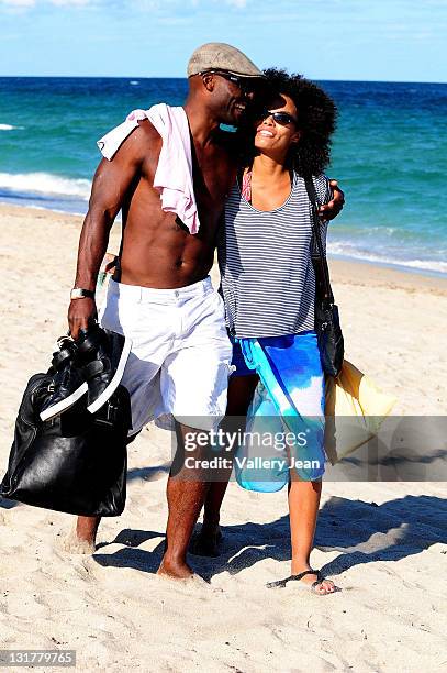 Actor Jimmy Jean-Louis and wife Evelyn Jean-Louis are sighted walking on the beach on October 16, 2010 in Fort Lauderdale, Florida.