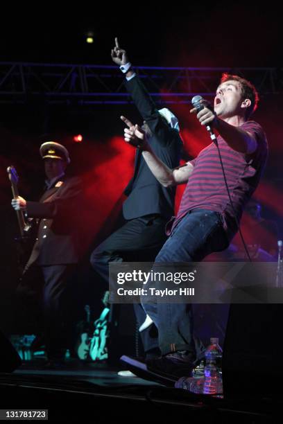 Mick Jones of The Clash, Bobby Womack and Damon Albarn of Blur perform as Gorillaz at Madison Square Garden on October 8, 2010 in New York City.