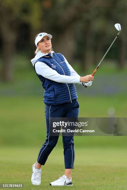 Amy Boulden of Wales plays her second shot on the first hole during the Rose Ladies Series at Brockenhurst Manor Golf Club on May 13, 2021 in...