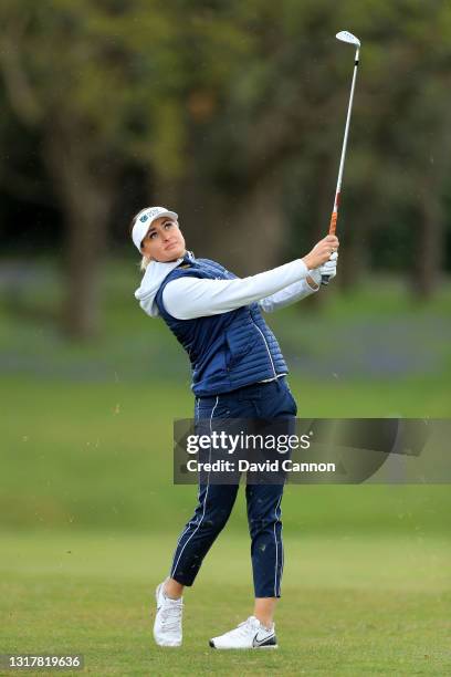 Amy Boulden of Wales plays her second shot on the first hole during the Rose Ladies Series at Brockenhurst Manor Golf Club on May 13, 2021 in...