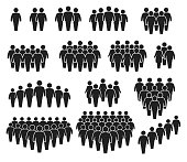 People crowd icons. Large group of people. Team of men or women. People gathering together, standing in queue. Person pictogram icon vector set
