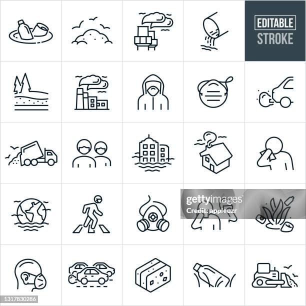 ilustraciones, imágenes clip art, dibujos animados e iconos de stock de iconos de línea delgada de contaminación - trazo editable - contaminación ambiental