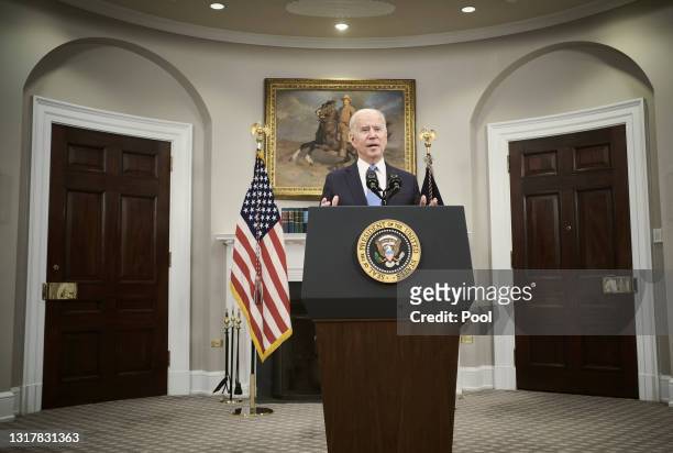 President Joe Biden delivers remarks on the Colonial Pipeline incident in the Roosevelt Room of the White House May 13, 2021 in Washington, DC....
