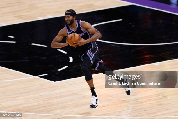 Maurice Harkless of the Sacramento Kings passes the ball against the Oklahoma City Thunder at Golden 1 Center on May 11, 2021 in Sacramento,...