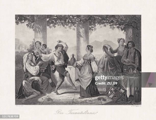 illustrazioni stock, clip art, cartoni animati e icone di tendenza di tarantella, danza popolare italiana in passato, incisione in acciaio, 1868 - tradizione italiana