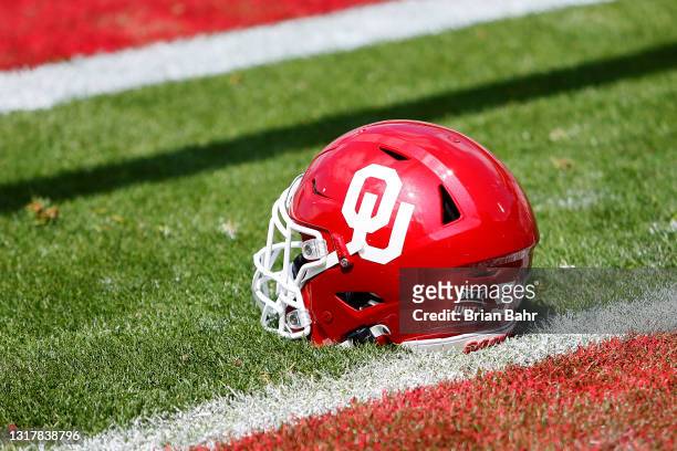 An Oklahoma Sooners helmet sits in the end zone before the team's spring game at Gaylord Family Oklahoma Memorial Stadium on April 24, 2021 in...