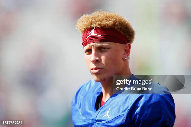 Quarterback Spencer Rattler of the Oklahoma Sooners gets set for the team's spring game at Gaylord Family Oklahoma Memorial Stadium on April 24, 2021...