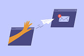 New incoming email message vector illustration with human hand sending paper airplane