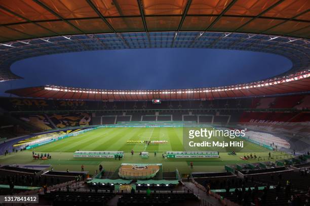 General view inside the stadium as players line up during the national anthem prior to the DFB Cup final match between RB Leipzig and Borussia...