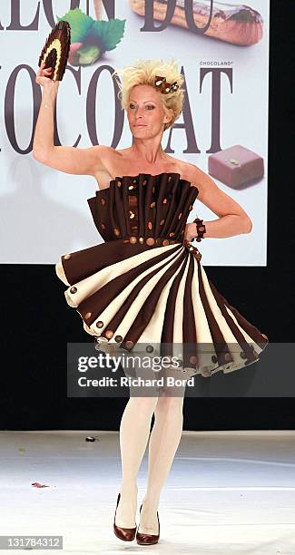 Actress Rebecca Hampton, dressed by Victoire Finaz and Olivia Louvet for Abanico Chocolat, walks the runway at the Salon Du Chocolat 2010 Opening...