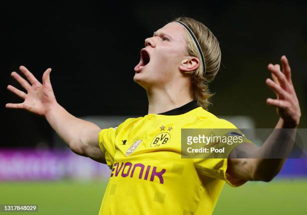 Erling Haaland of Borussia Dortmund celebrates his team's second goal during the DFB Cup final match between RB Leipzig and Borussia Dortmund at...
