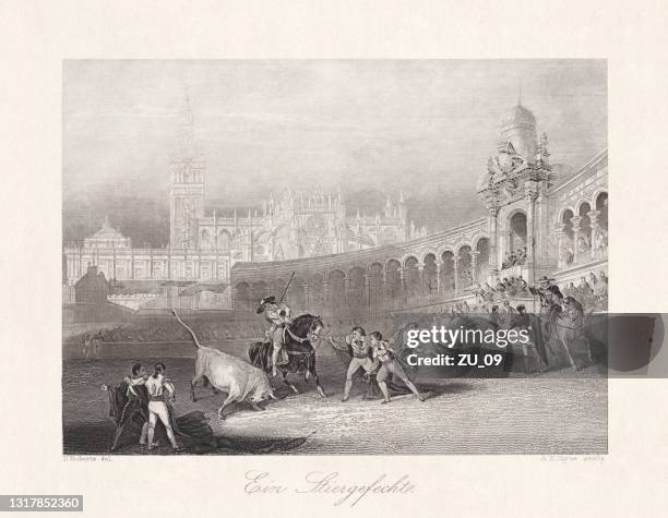 a bullfight in the past, steel engraving, published in 1868 - bullfight stock illustrations