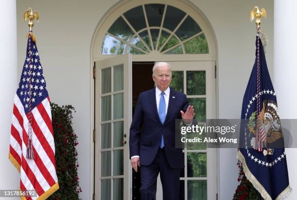 President Joe Biden arrives in the Rose Garden to deliver remarks on the COVID-19 response and vaccination program at the White House on May 13, 2021...