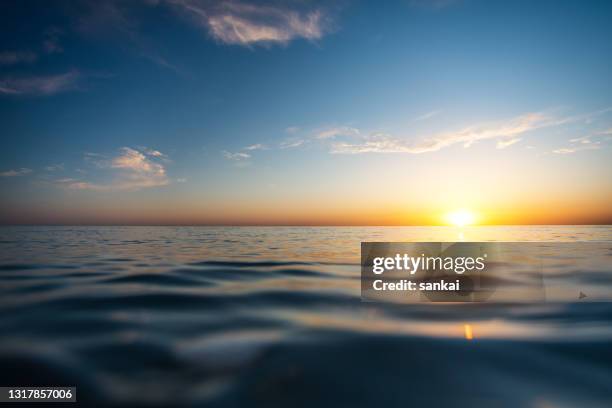 schöner sonnenuntergang am meer - stilles wasser stock-fotos und bilder
