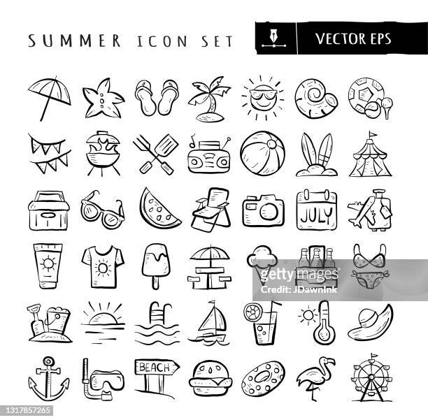 summer vacation travel sports food and elements big hand drawn icon set - editable stroke - drawing activity stock illustrations