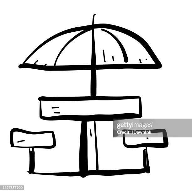 summer vacation and leisure picnic table with umbrella hand drawn icon - picnic table stock illustrations