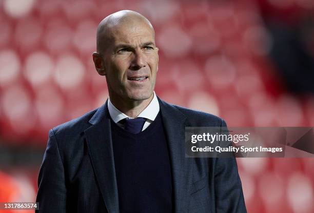 Zinedine Zidane, Manager of Real Madrid looks on following the La Liga Santander match between Granada CF and Real Madrid at Estadio Nuevo Los...