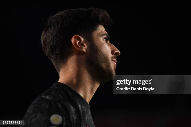 Marco Asensio of Real Madrid looks on during the La Liga Santander match between Granada CF and Real Madrid at Estadio Nuevo Los Carmenes on May 13,...