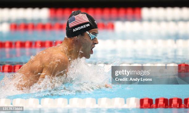Michael Andrew swims to victory in the Men 100 Meter Breaststroke during the TYR Pro Swim Series at Indianapolis at IU Natatorium at IUPUI on May 13,...