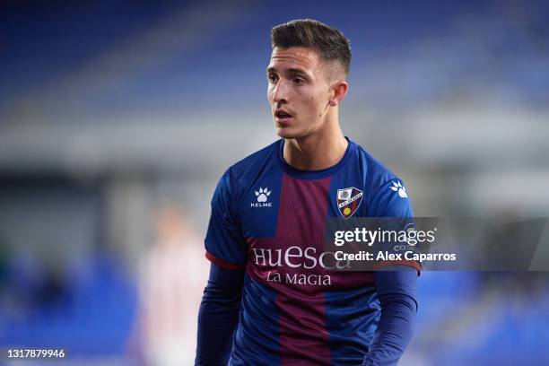 Daniel Escriche of SD Huesca looks on during the La Liga Santander match between SD Huesca and Athletic Club at Estadio El Alcoraz on May 12, 2021 in...