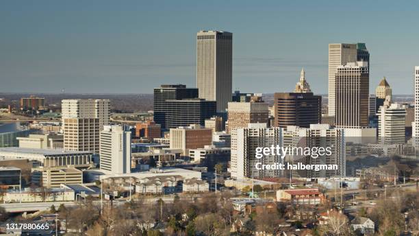downtown tulsa on winter afternoon - aerial - tulsa stock pictures, royalty-free photos & images