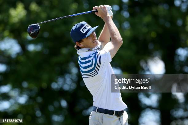 Will Wilcox plays his shot from the ninth tee during the First Round of the Visit Knoxville Open at Holston Hills Country Club on May 13, 2021 in...