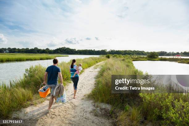 rear view of mid adult parents carrying baby daughter on riverside picnic - virginia beach 個照片及圖片檔