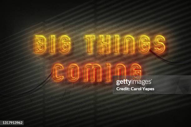 big things coming text in neon lights - draft preview stock pictures, royalty-free photos & images