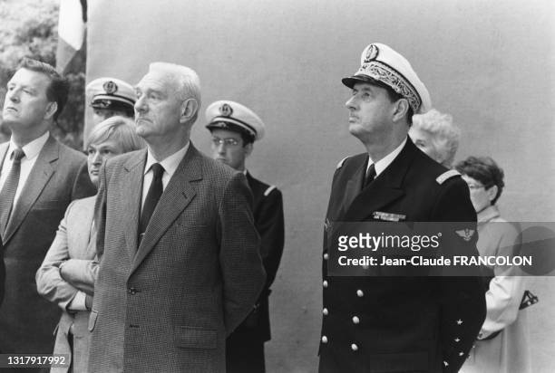 Philippe de Gaulle assistant à la cérémonie de lancement du sous-marin 'Saphir', le 1er septembre 1981, à Cherbourg.
