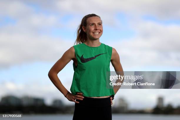 Australian 1500m Record Holder Linden Hall poses during a portrait session at Albert Park Lake on May 14, 2021 in Melbourne, Australia.