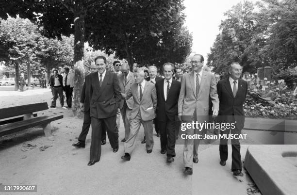Jacques Chirac, Bernard Pons, Claude Labbé et Charles Pasqua lors des journées des parlementaires du RPR à Strasbourg le 1er octobre 1980