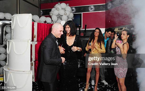 Pitbull, Ana Carolina and Nayer arrive at rapper Pitbull's 30th birthday celebration at Club Play after Nayer sing Happy Birthday to Mr. 305 and Ana...