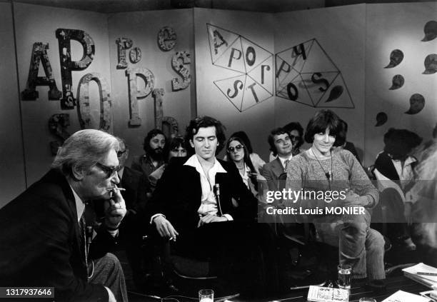 Maurice Clavel, Bernard-Henri Lévy et André Glucksmann sur le plateau de l'émission 'Apostrophes', le 27 mai 1977.