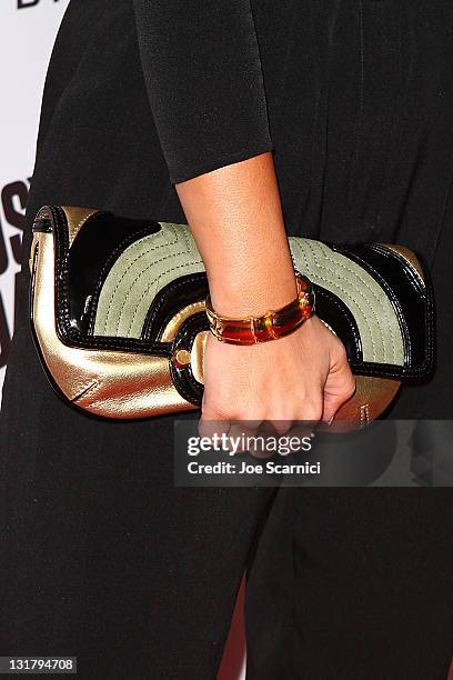 Bracelet and purse worn by Kimberly Caldwell, arriving at Ultimate Ears By Logitech Presents The EMI Grammys After Party at Milk Studios on February...