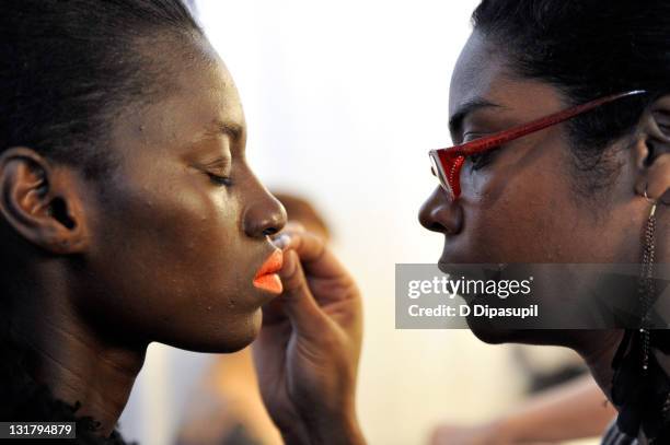 Models prepare backstage at the Lake & Stars Fall 2011 presentation during Mercedes-Benz Fashion Week at Pier 59 Studios on February 11, 2011 in New...