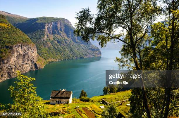 view over the aurlandsfjord in norway during a beautiful summer day - aurlandsfjord stock pictures, royalty-free photos & images