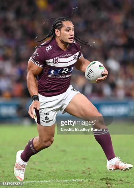 Martin Taupau of the Sea Eagles runs the ball during the round 10 NRL match between the Manly Sea Eagles and the Brisbane Broncos at Suncorp Stadium...
