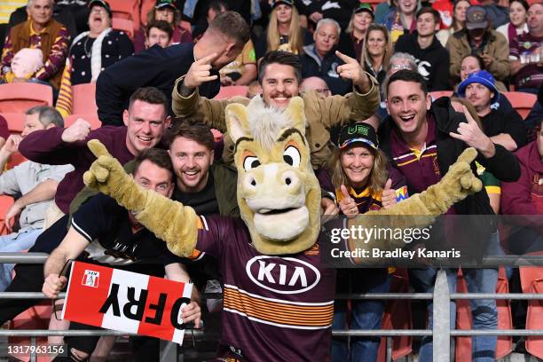 Broncos fan show their support during the round 10 NRL match between the Manly Sea Eagles and the Brisbane Broncos at Suncorp Stadium on May 14 in...