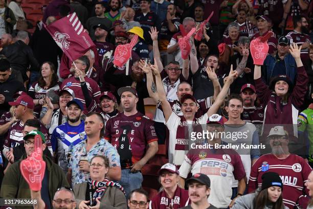 Sea Eagles fans show their support during the round 10 NRL match between the Manly Sea Eagles and the Brisbane Broncos at Suncorp Stadium on May 14...