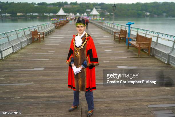 Their Worship The Mayor of Bangor, Owen J Hurcum, poses for pictures at Bangor Pier on May 14, 2021 in Bangor, Wales. Newly elected Mayor of Bangor,...