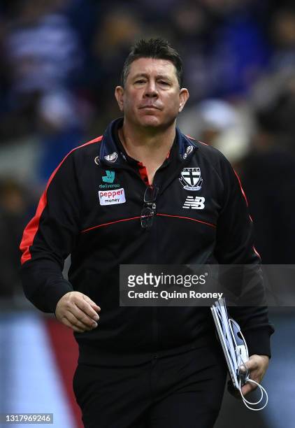 Saints head coach Brett Ratten walks around the boundary during the round 9 AFL match between the St Kilda Saints and the Geelong Cats at Marvel...