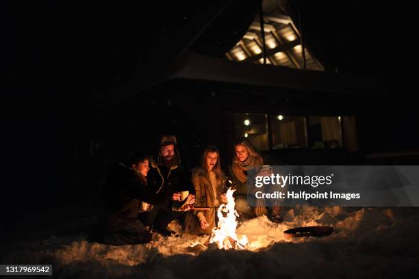 parents with small daughters on holiday in snowy winter nature, marshmallows on barbecue. - woman snow outside night stockfoto's en -beelden