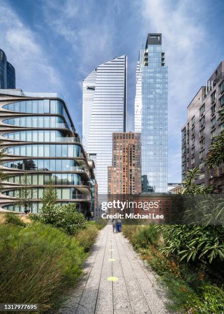 view from the high line including hudson yards - new york - hudson yards stock pictures, royalty-free photos & images