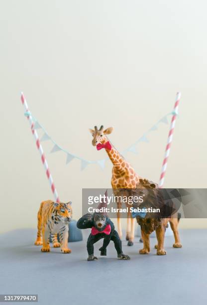 front view of a group of toy animals forming a party decoration to celebrate the birthday of children - cat with cream stockfoto's en -beelden