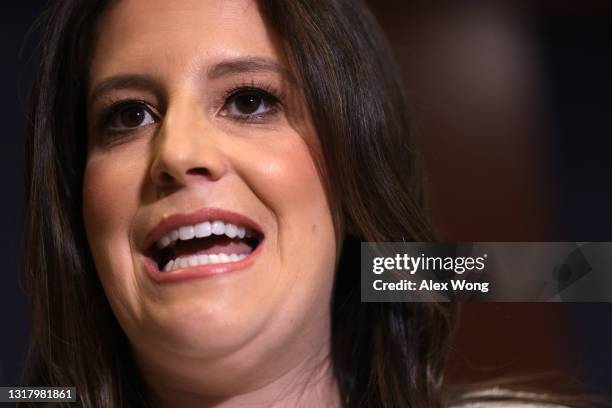 Rep. Elise Stefanik speaks to members of the press after an election for House Republican Conference chair at the U.S. Capitol Visitor Center May 14,...