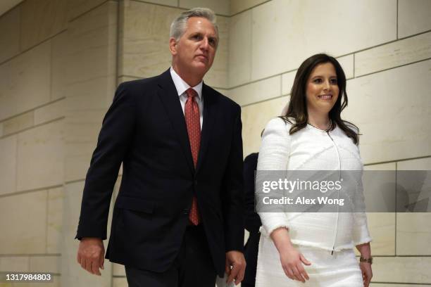 House Minority Leader Rep. Kevin McCarthy and Rep. Elise Stefanik walk toward the microphones to speak to members of the press after an election for...