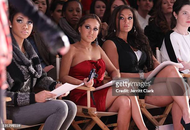 Adrienne Bailon and Sammi "Sweetheart" Giancola attends the Bebe Fall 2011 fashion show at Style360 on February 16, 2011 in New York City.
