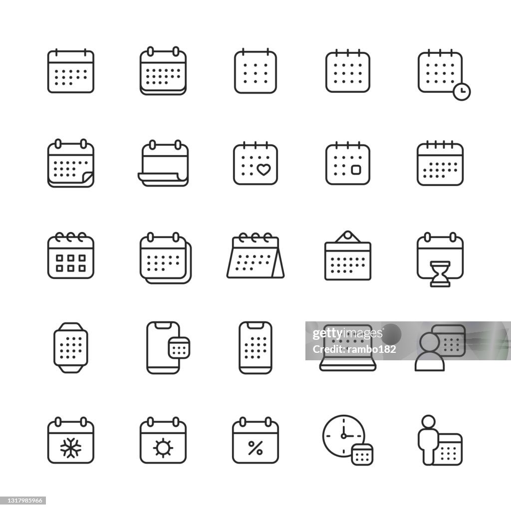 Kalender-Linien-Symbole. Bearbeitbarer Strich. Pixel perfekt. Für Mobile und Web. Enthält Symbole wie Termin, Uhr, Datum, Deadline, Urlaub, Besprechung, Büro, Plan, Zeitplan, Schule, Zeitmanagement, Urlaub, Valentinstag, Woche, Winter, Jahr.