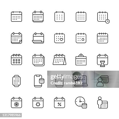 Iconos de línea de calendario. Trazo editable. Pixel Perfecto. Para móviles y web. Contiene iconos tales como cita, reloj, fecha, fecha límite, vacaciones, reunión, oficina, plan, horario, escuela, gestión de tiempo, vacaciones, día de San Valentín, Iconos de línea de calendario. Trazo editable. Pixel Perfecto. Para móviles y web. Contiene iconos tales como cita, reloj, fecha, fecha límite, vacaciones, reunión, oficina, plan, horario, escuela, gestión de tiempo, vacaciones, día de San Valentín,